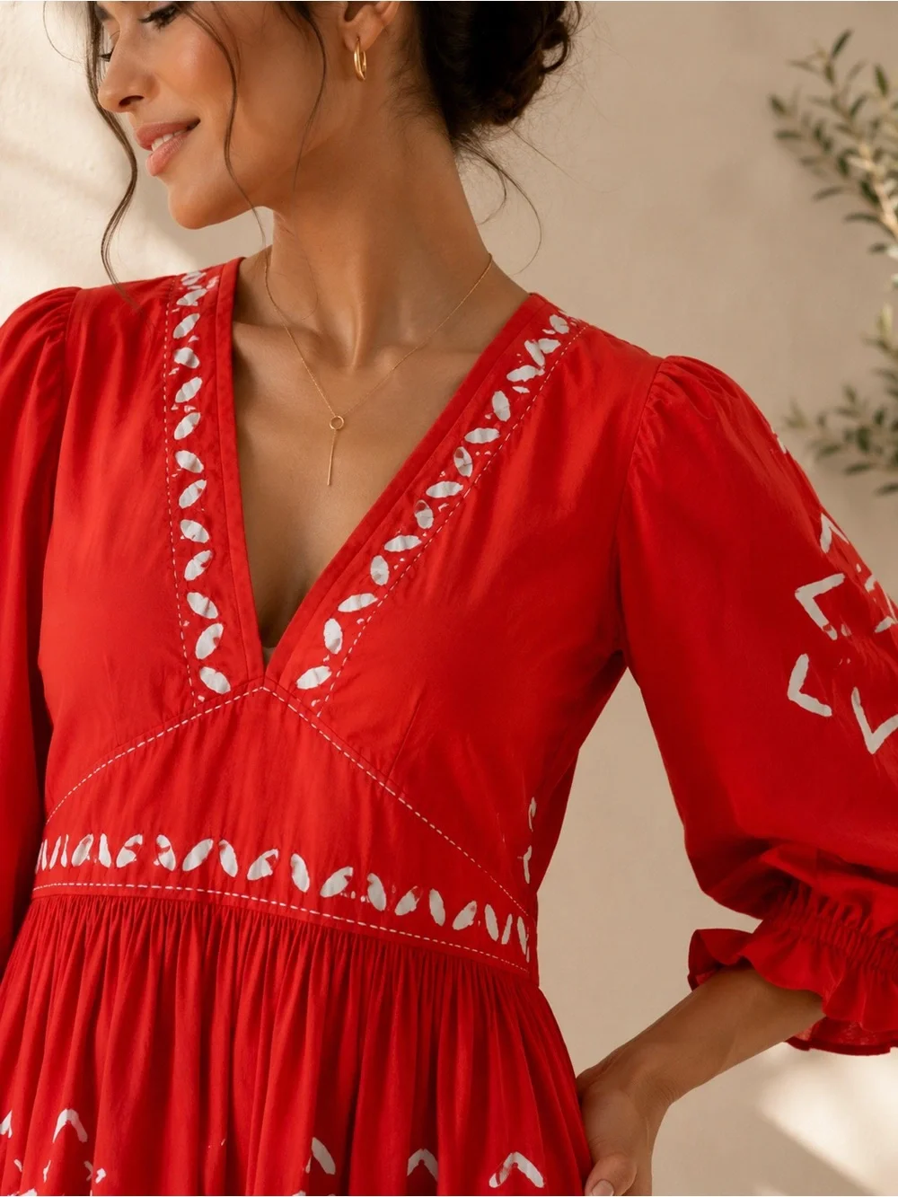 Anthropologie‎ Banjanan Red with Inlaid Embroiderey Mini Dress Poplin Cotton